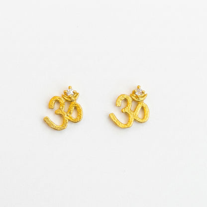 92.5 Silver Gold Plated White CZ Om Stud Pair