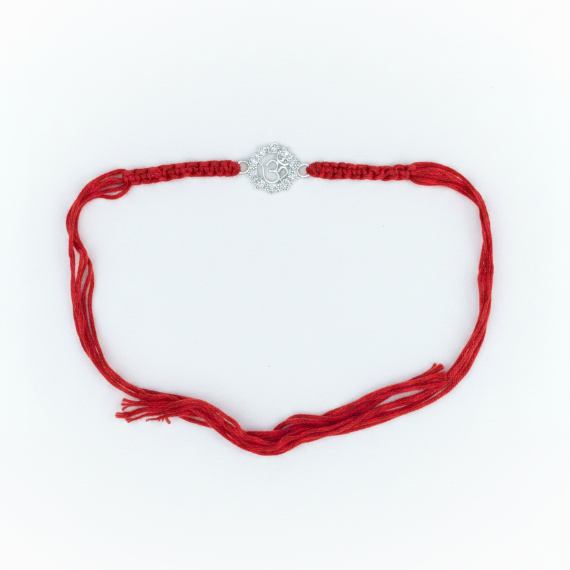 925 Sterling Silver Om Rakhi with CZ Stones | Red Thread Rakhi for Raksha Bandhan