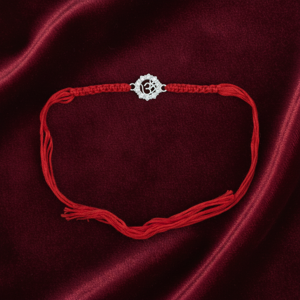 925 Sterling Silver Om Rakhi with CZ Stones | Red Thread Rakhi for Raksha Bandhan