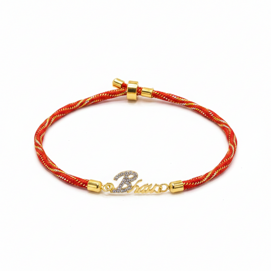 Gold-Plated Bhaiya Name Rakhi for Brother | CZ Script Charm on Red & Gold Twisted Thread