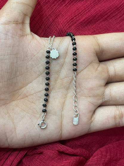 92.5 Silver Flower Black Beads Bracelet for Women 7.5 Inches | Stylish Elegant Design | Daily Wear Jewellery