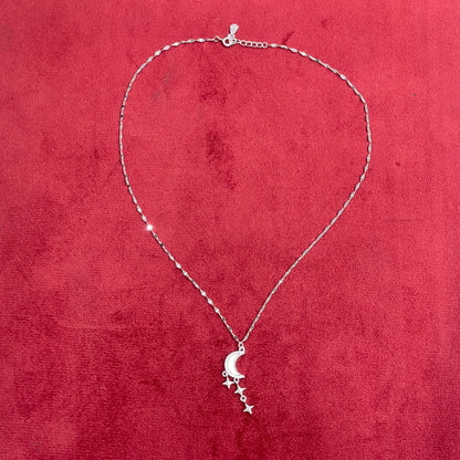 92.5 Silver Crescent Moon & Dangling Star Pendant Necklace for Women