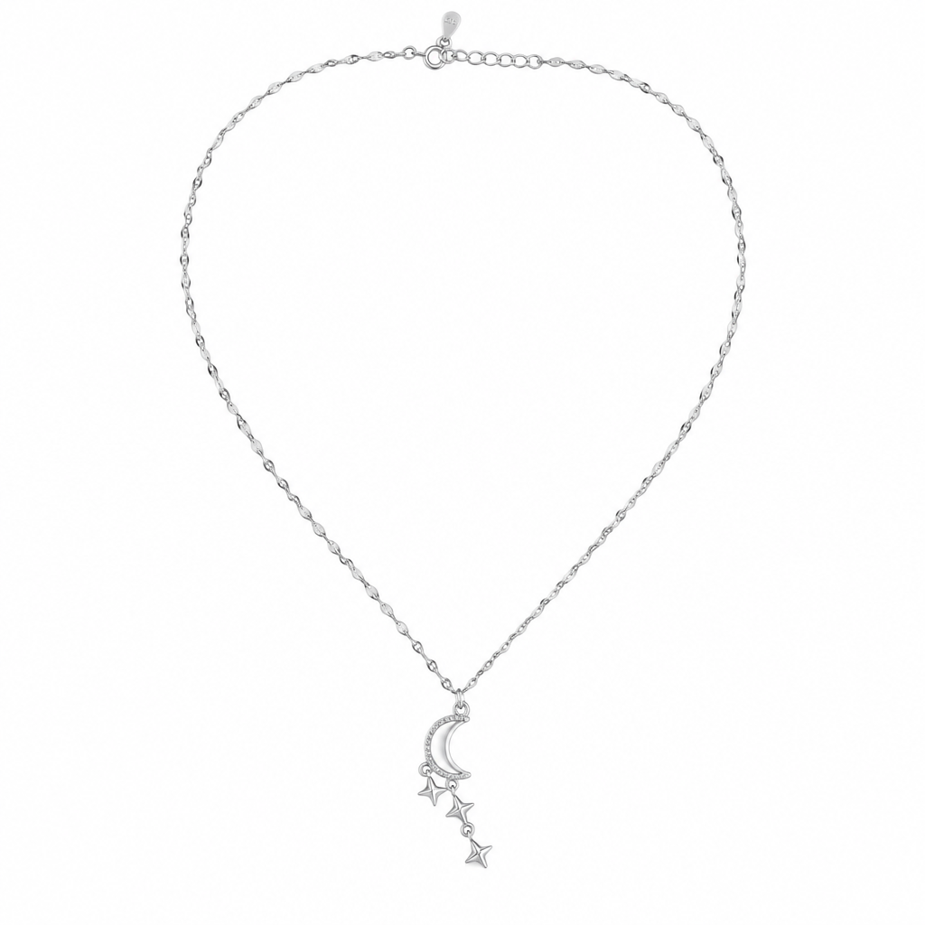 92.5 Silver Crescent Moon & Dangling Star Pendant Necklace for Women