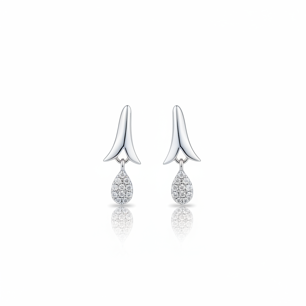 92.5 Sterling Silver Plain Polished Tulip Wing Stud with Pave White CZ Teardrop Drop Earrings for Women