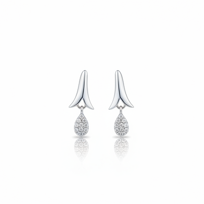 92.5 Sterling Silver Plain Polished Tulip Wing Stud with Pave White CZ Teardrop Drop Earrings for Women
