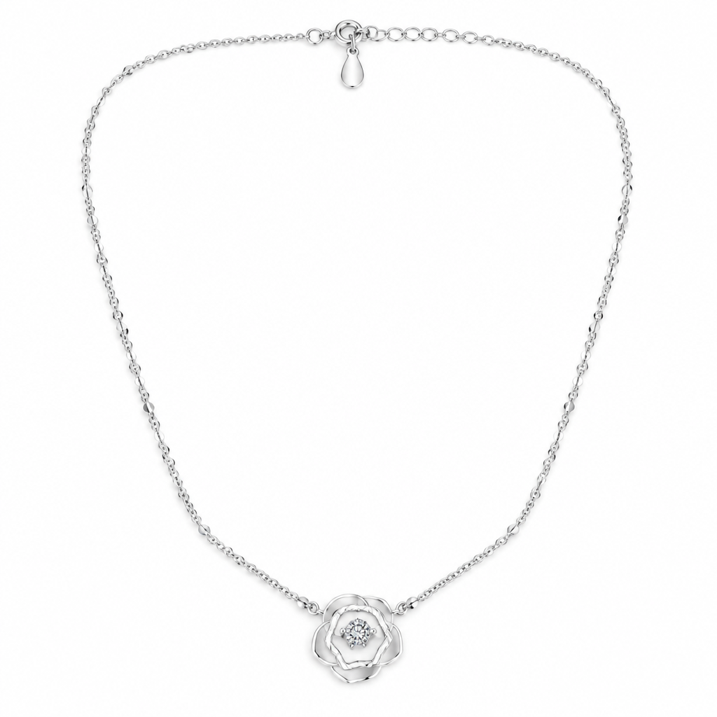 92.5 Silver MOP Rose & Solitaire CZ Pendant Necklace for Women
