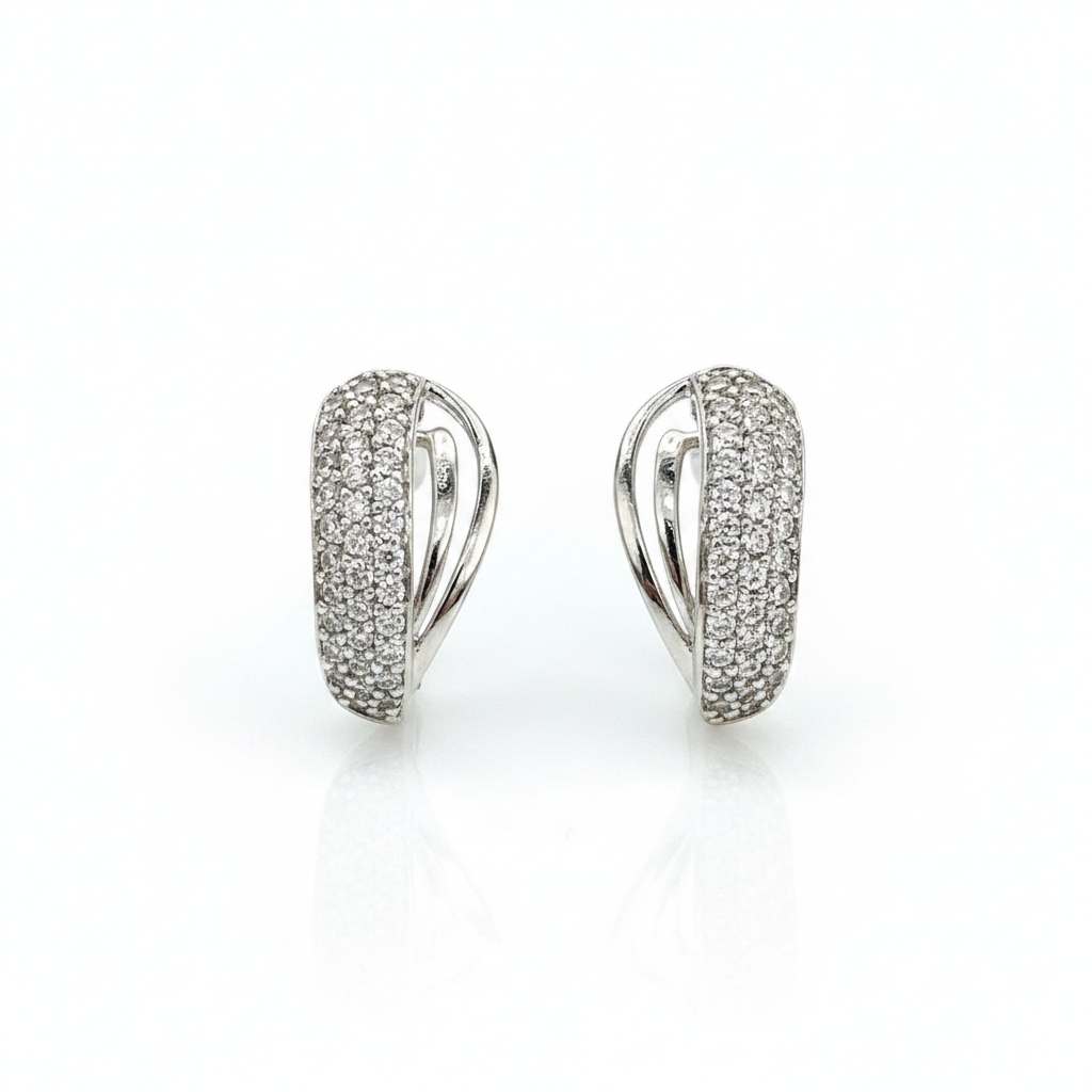 92.5 Sterling Silver Pavé CZ Twisted Shield J Studs pair