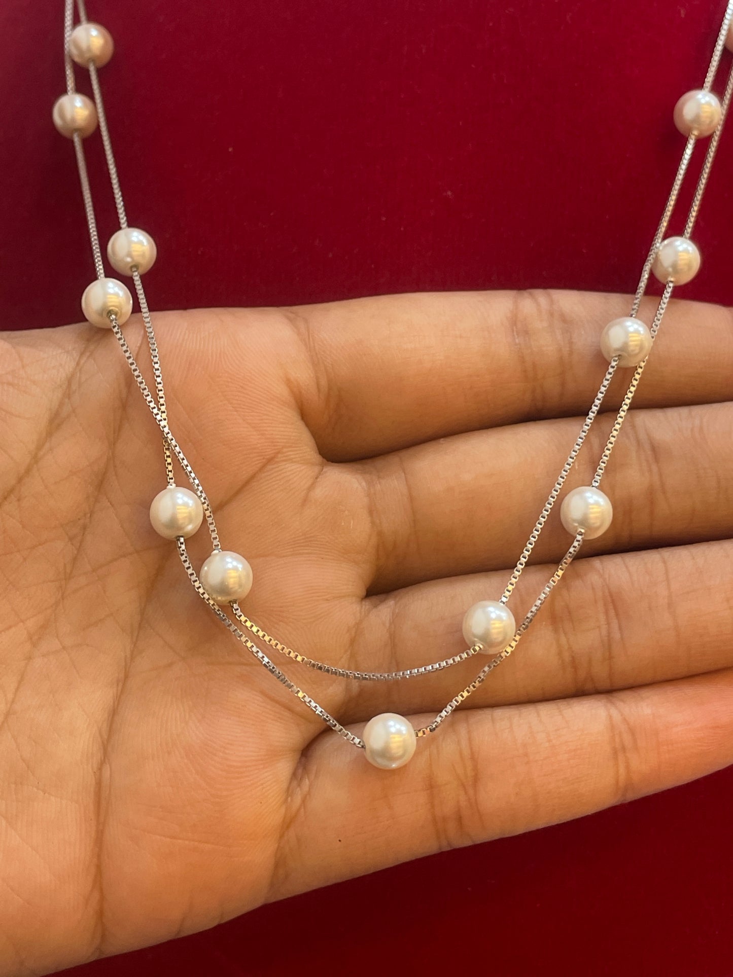 92.5 Silver Double Line Pearl Chain for Women 18.5 Inches | Elegant Layered Design | Classic Jewellery