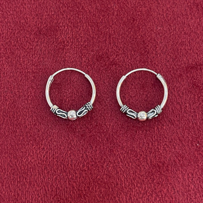 92.5 Silver Oxidised Bead Detail Hoop Earrings Pair