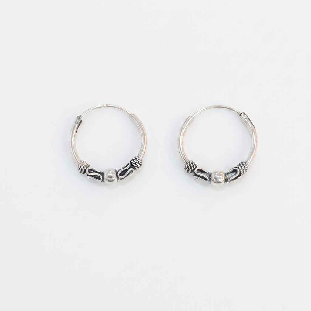92.5 Silver Oxidised Bead Detail Hoop Earrings Pair