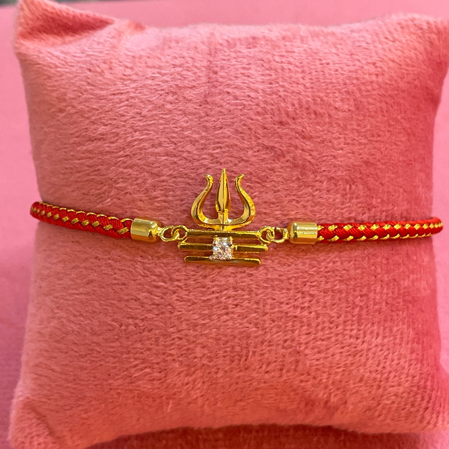 925 Silver Trishul Tripundra Rakhi for Brother | Gold Plated CZ Charm on Red Thread