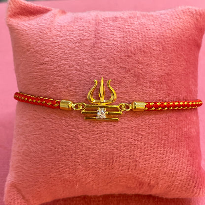 925 Silver Trishul Tripundra Rakhi for Brother | Gold Plated CZ Charm on Red Thread