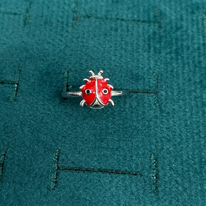 92.5 Sterling Silver Red & Black Enamel Full Ladybird Charm Kids Finger Ring — Size 7