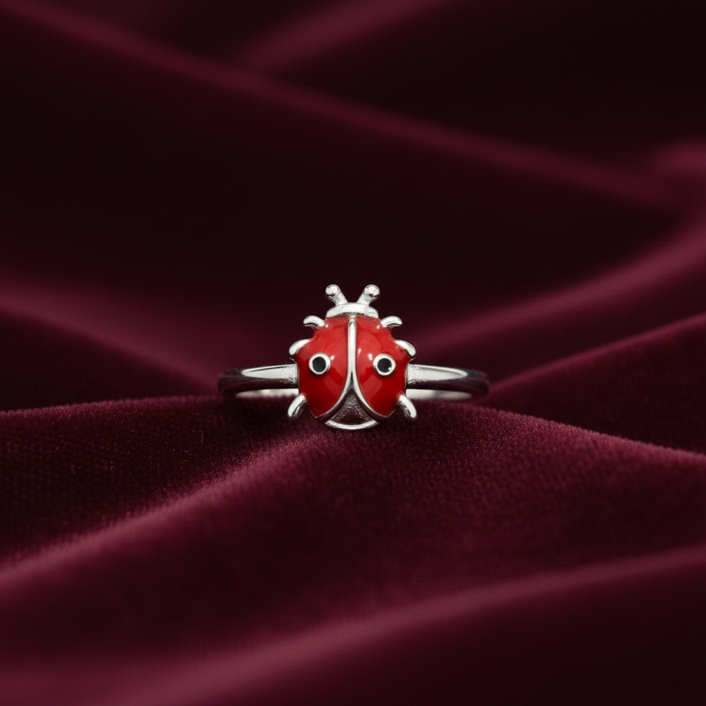 92.5 Sterling Silver Red & Black Enamel Full Ladybird Charm Kids Finger Ring — Size 7