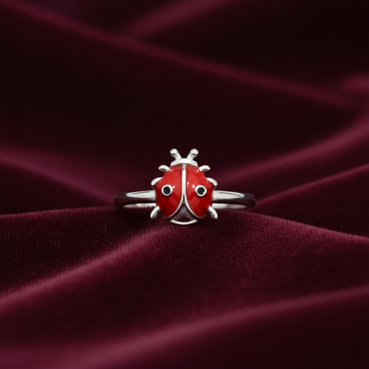 92.5 Sterling Silver Red & Black Enamel Full Ladybird Charm Kids Finger Ring — Size 7