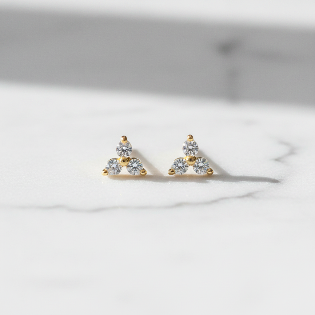 925 Silver Gold Plated Classic 3 Stone Studs for Women | Timeless Design pair