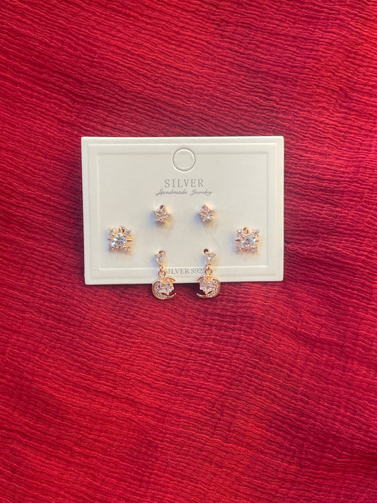 92.5 Silver Rose Gold Plated Moon Earrings Stack for Women | Celestial Stud Set | Elegant Layered Jewellery
