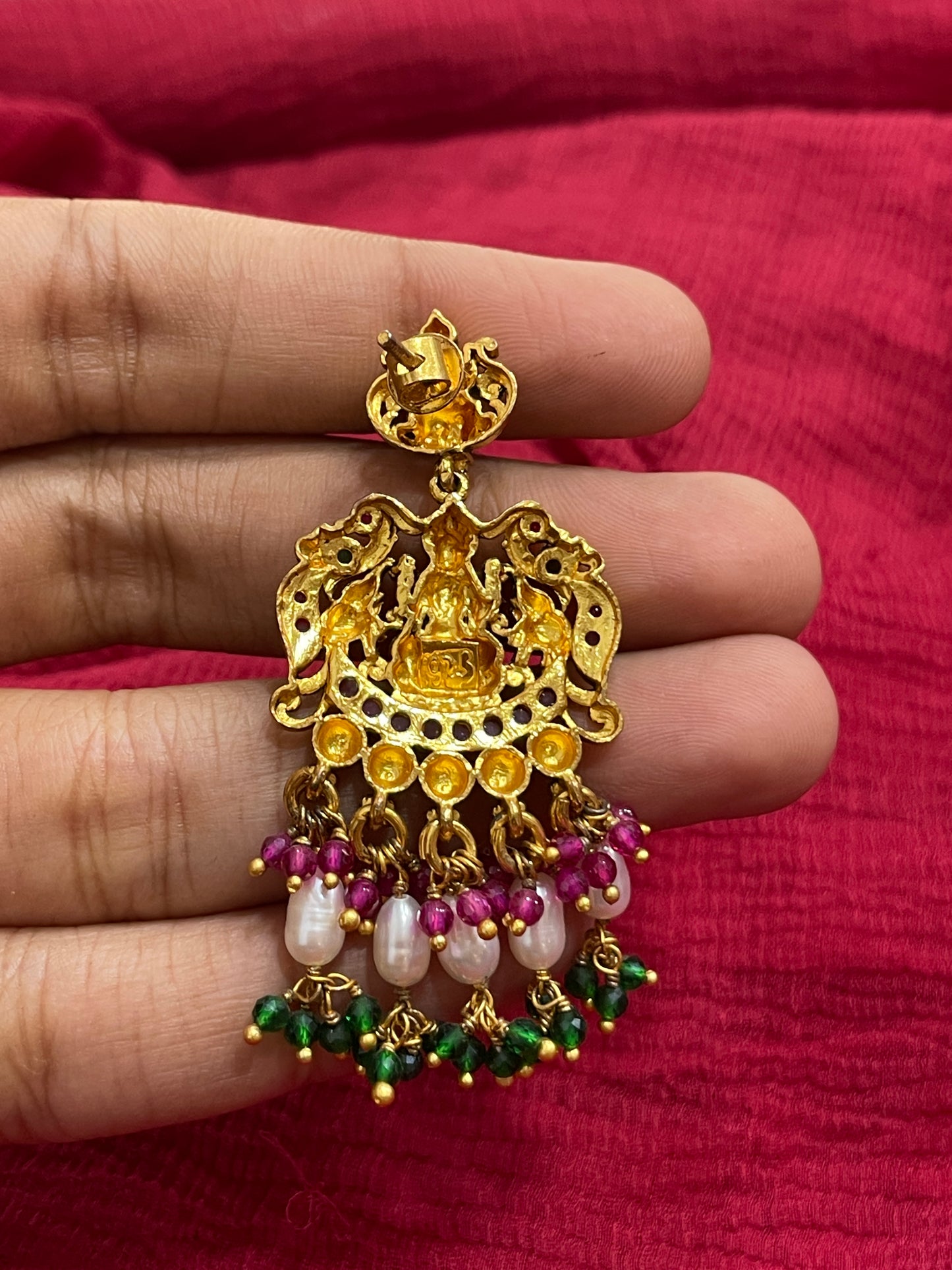 92.5 Silver Gold Plated Multicolor Lakshmi Devi Earrings for Women | Temple Design | Traditional Jewellery