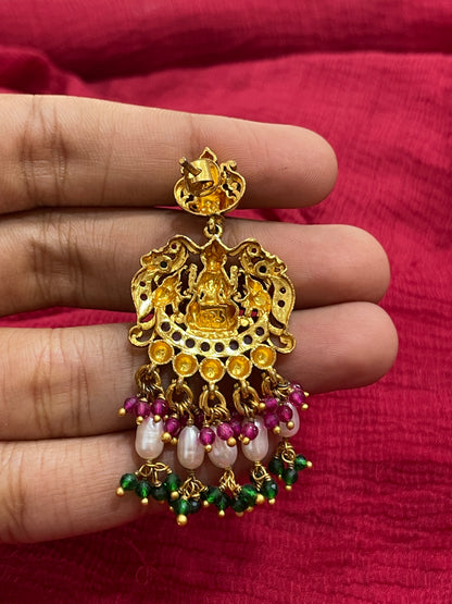 92.5 Silver Gold Plated Multicolor Lakshmi Devi Earrings for Women | Temple Design | Traditional Jewellery