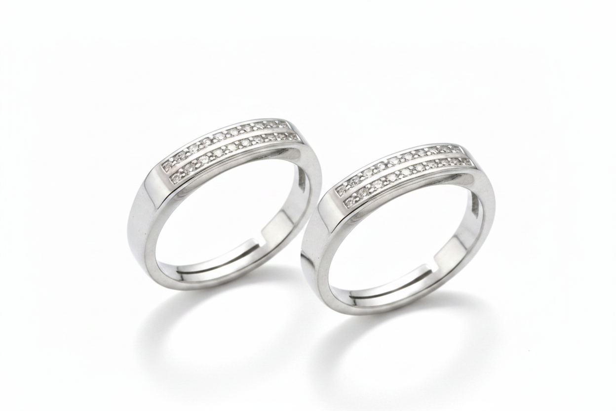 92.5 Silver Double Row Stone Band Couple Rings | Adjustable Classic Design