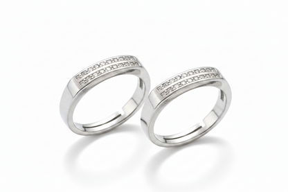 92.5 Silver Double Row Stone Band Couple Rings | Adjustable Classic Design