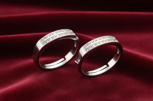 92.5 Silver Double Row Stone Band Couple Rings for Women | Matching Him & Her Design