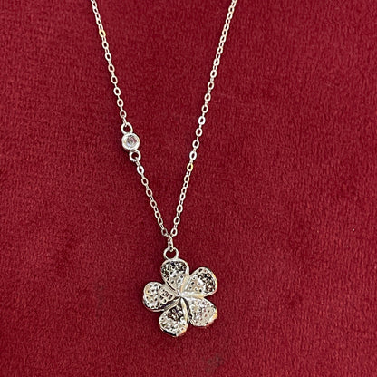 92.5 Silver Pave CZ Five-Petal Flower Pendant Necklace for Women