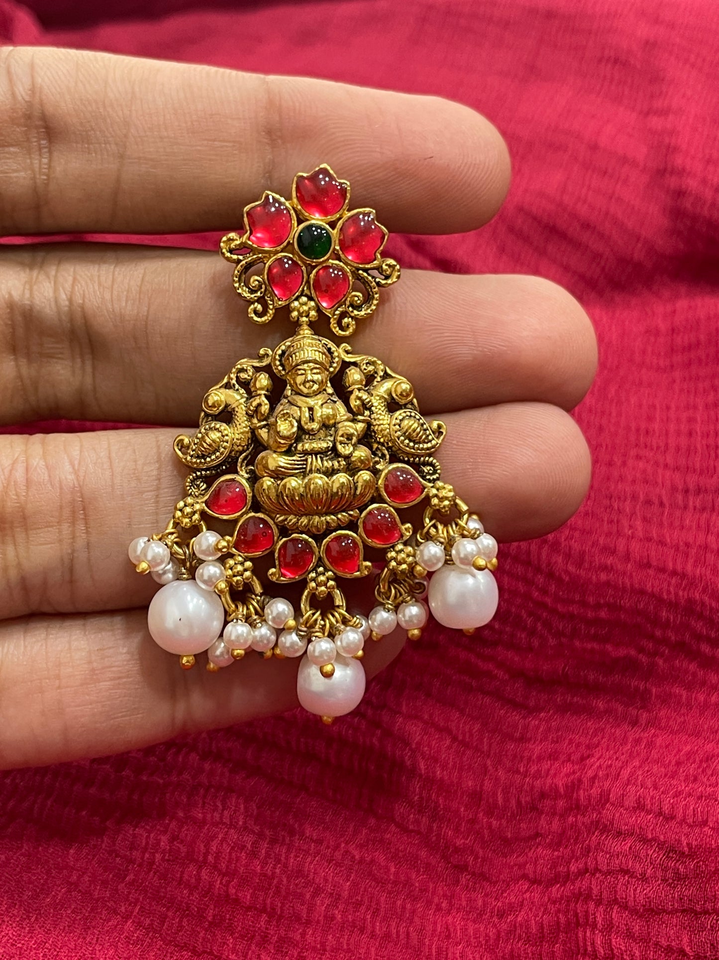 92.5 Silver Gold Plated Red Stone Lakshmi Devi Earrings for Women | Temple Design | Traditional Jewellery
