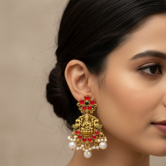 92.5 Silver Gold Plated Red Stone Lakshmi Devi Earrings for Women | Temple Design | Traditional Jewellery