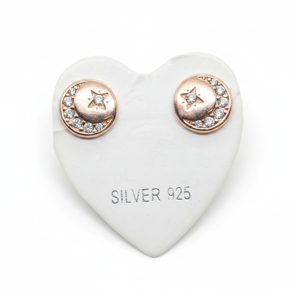 Rose Gold Plated 92.5 Sterling Silver Pavé CZ Disc with Four-Point Star Stud Earrings for Women | Round CZ Disc Star | Second Piercing Earring Pair