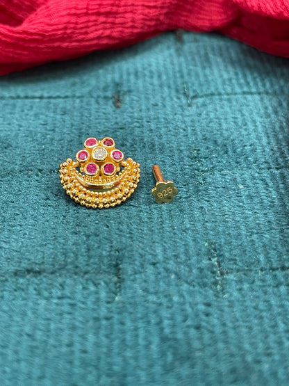 925 Silver Gold Plated Ruby Flower Temple Nosepin