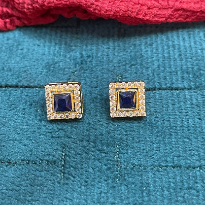 92.5 Silver Gold Plated Earrings for Women | Classy Square Blue Stone Studs pair