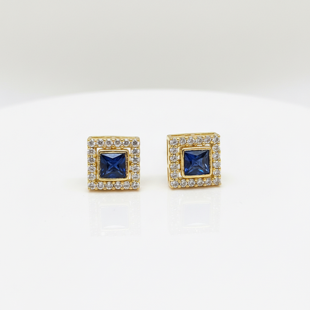 92.5 Silver Gold Plated Earrings for Women | Classy Square Blue Stone Studs pair