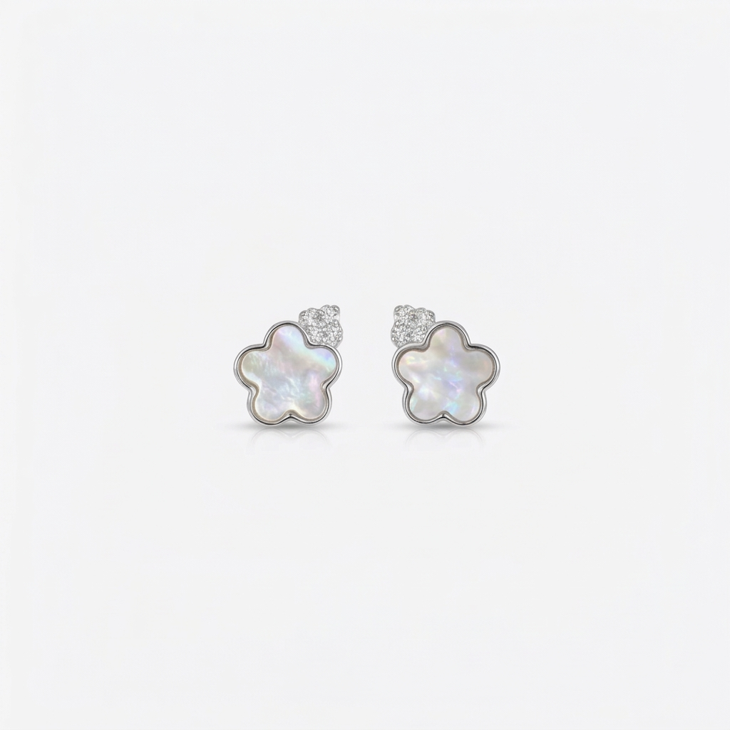 92.5 Silver White Mother-of-Pearl Flower Stud Earrings Pair