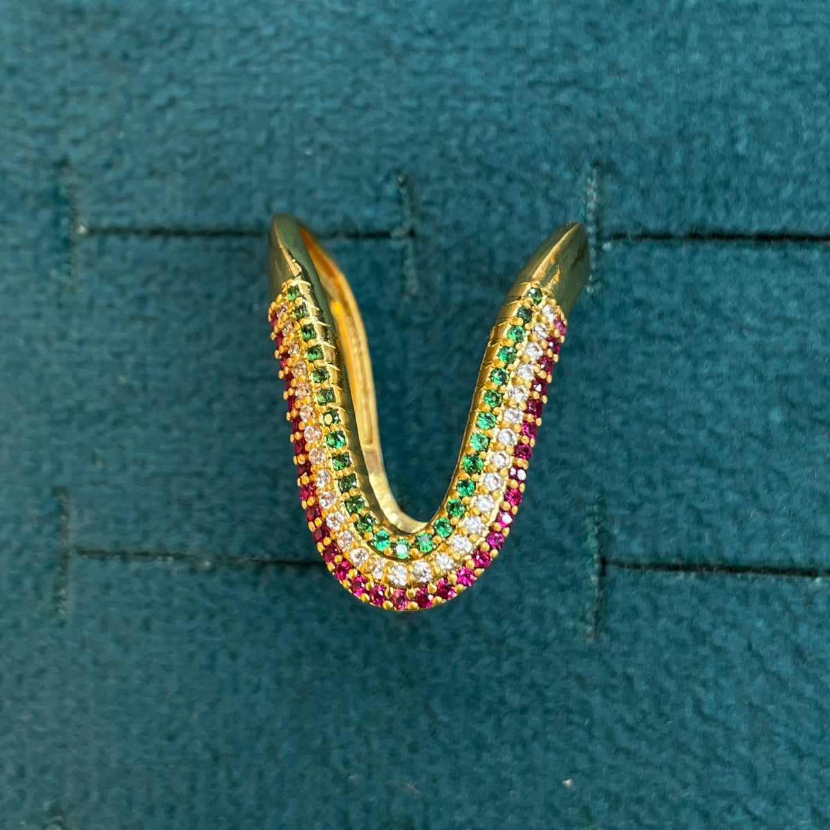 92.5 Silver Gold Plated Pink Green & White CZ Multi-Row Vanki Ring for Women