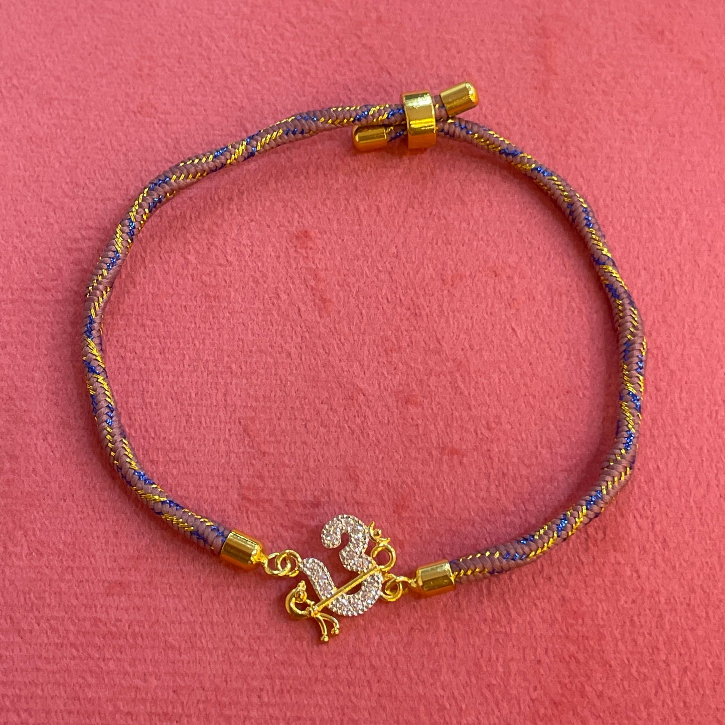 925 Silver Om Rakhi for Brother | Gold Plated CZ Om Charm on Grey Blue Thread