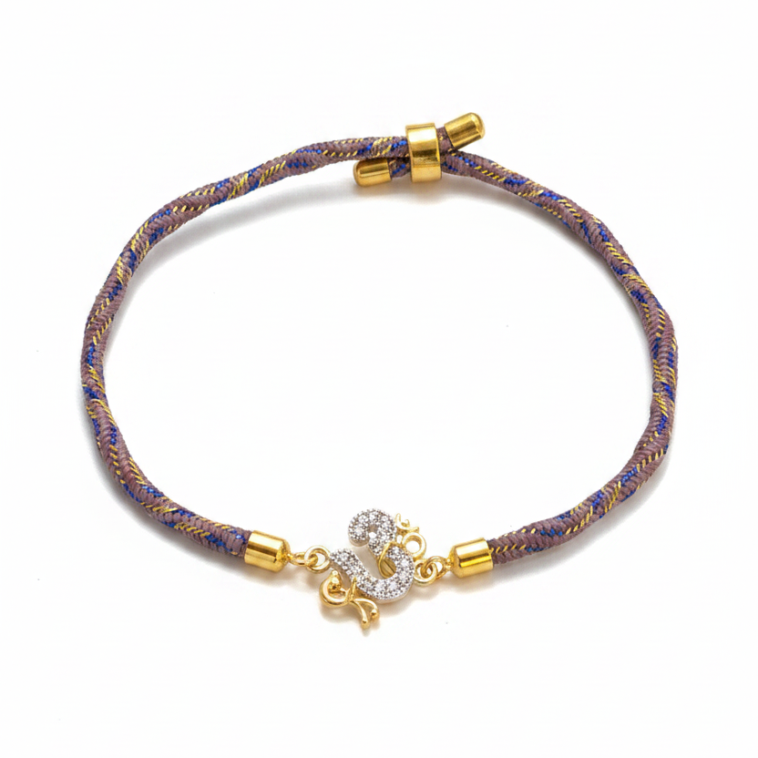 925 Silver Om Rakhi for Brother | Gold Plated CZ Om Charm on Grey Blue Thread