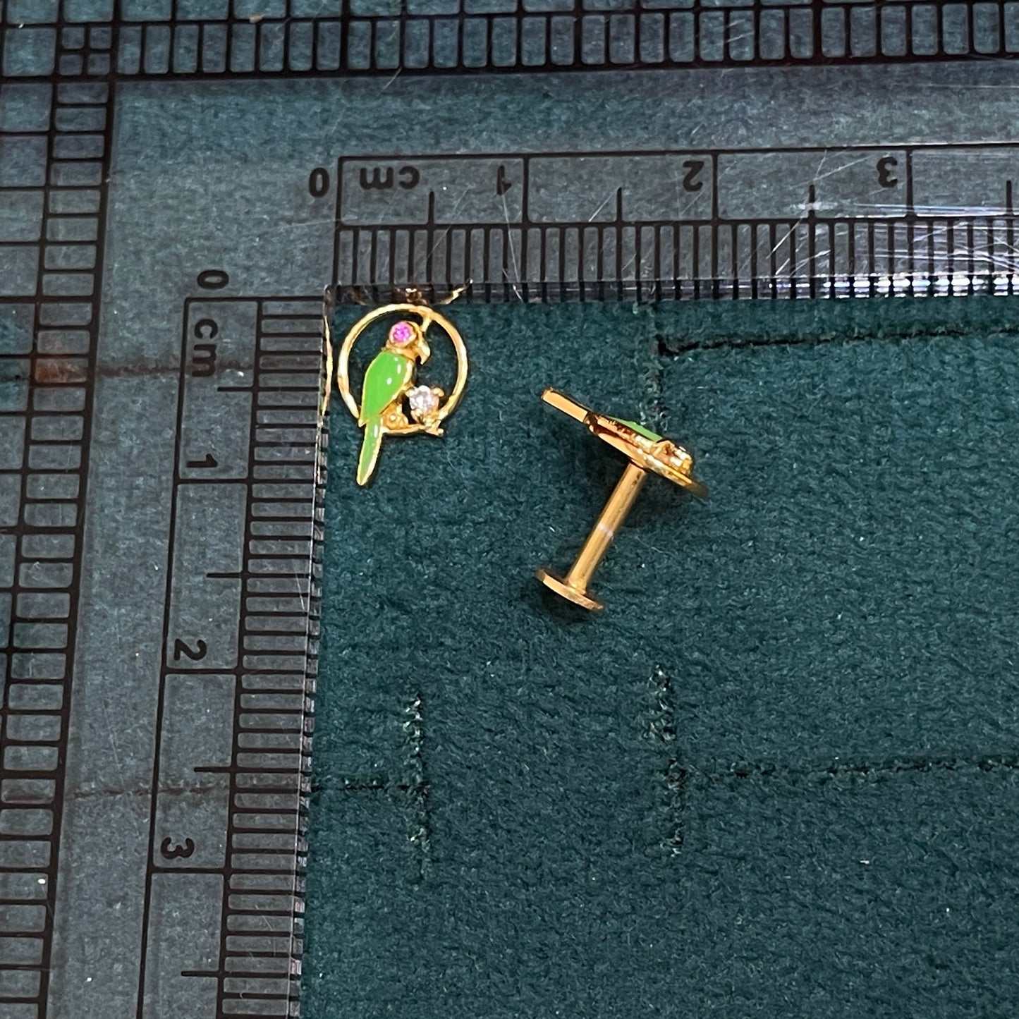 Gold Plated 92.5 Sterling Silver Green Enamel Parrot Stud Earrings for Women | CZ & Ruby Pink CZ Parrot in Circle Frame
