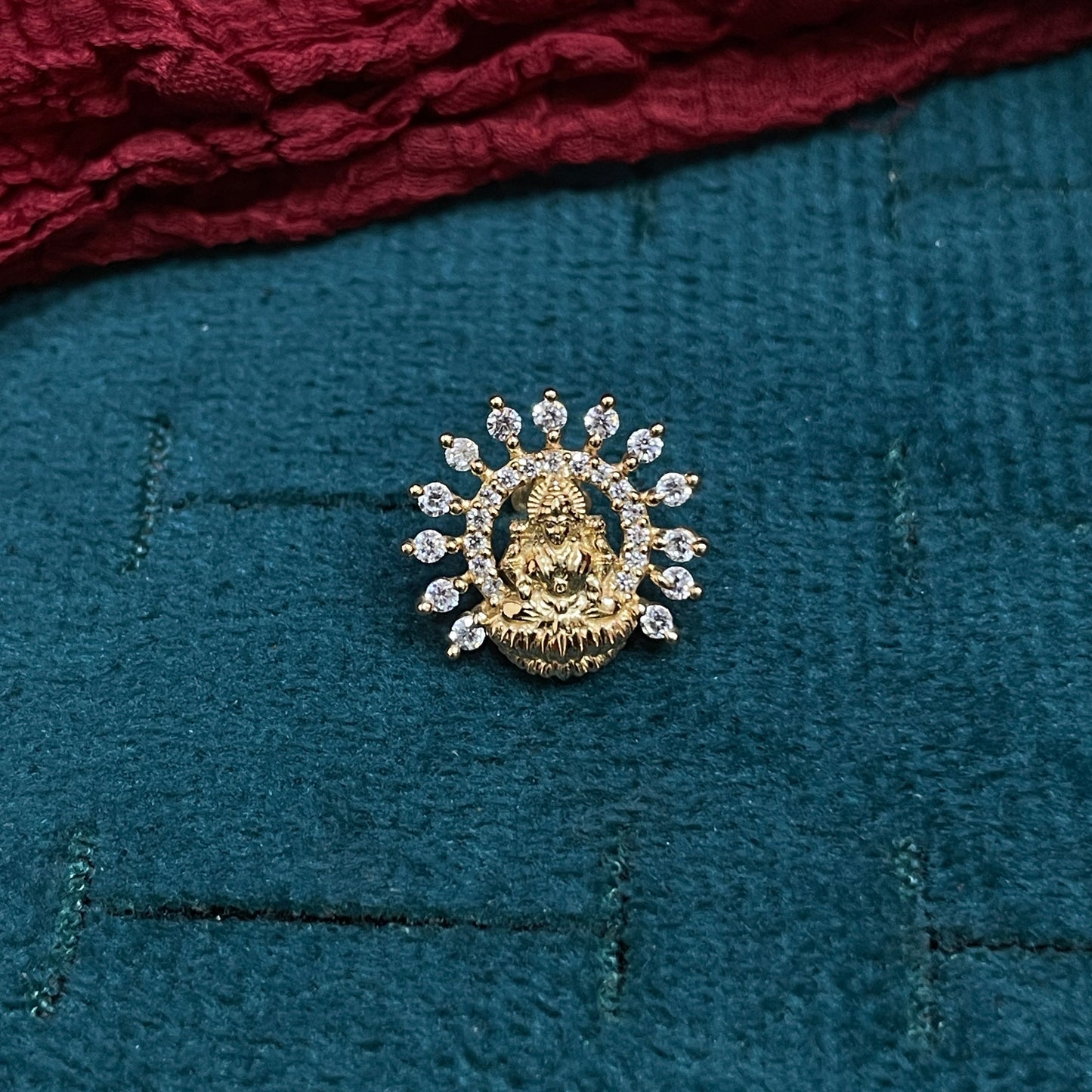 Gold Plated 92.5 Sterling Silver Goddess Lakshmi Stud Earrings for Women | CZ Halo Temple Jewellery Lakshmi Studs