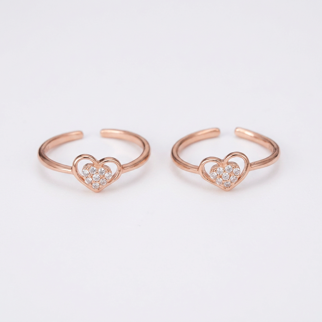 92.5 Silver Rose Gold Plated White CZ Heart Toe Rings