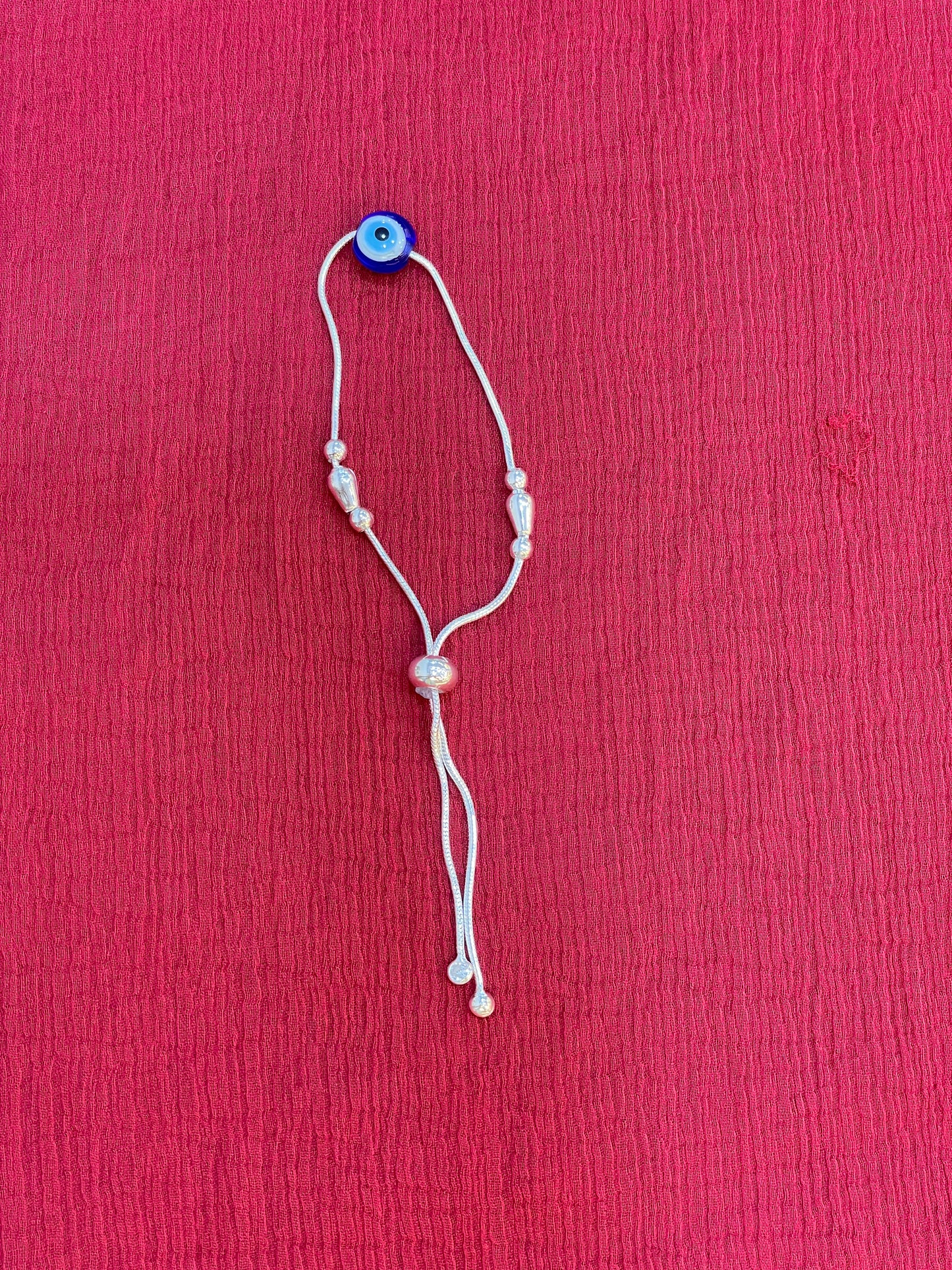 92.5 Silver Evil Eye Charm Cord Adjustable Bracelet for Women | Teardrop & Ball Bead Design