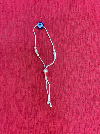92.5 Silver Evil Eye Charm Cord Adjustable Bracelet for Women | Teardrop & Ball Bead Design