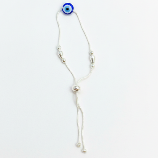 92.5 Silver Evil Eye Charm Cord Adjustable Bracelet for Women | Teardrop & Ball Bead Design