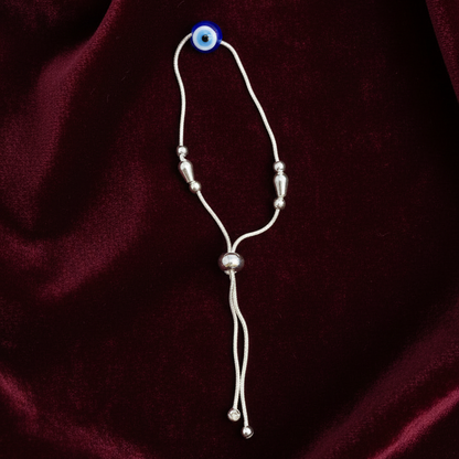 92.5 Silver Evil Eye Charm Cord Adjustable Bracelet for Women | Teardrop & Ball Bead Design