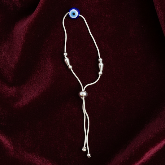 92.5 Silver Evil Eye Charm Cord Adjustable Bracelet for Women | Teardrop & Ball Bead Design