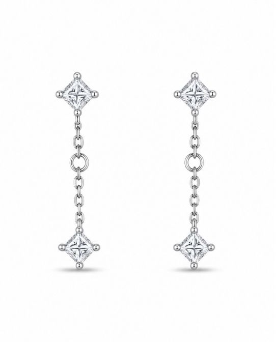 92.5 Sterling Silver Princess Cut White CZ Stud & Chain Drop Earrings for Women