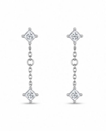 92.5 Sterling Silver Princess Cut White CZ Stud & Chain Drop Earrings for Women