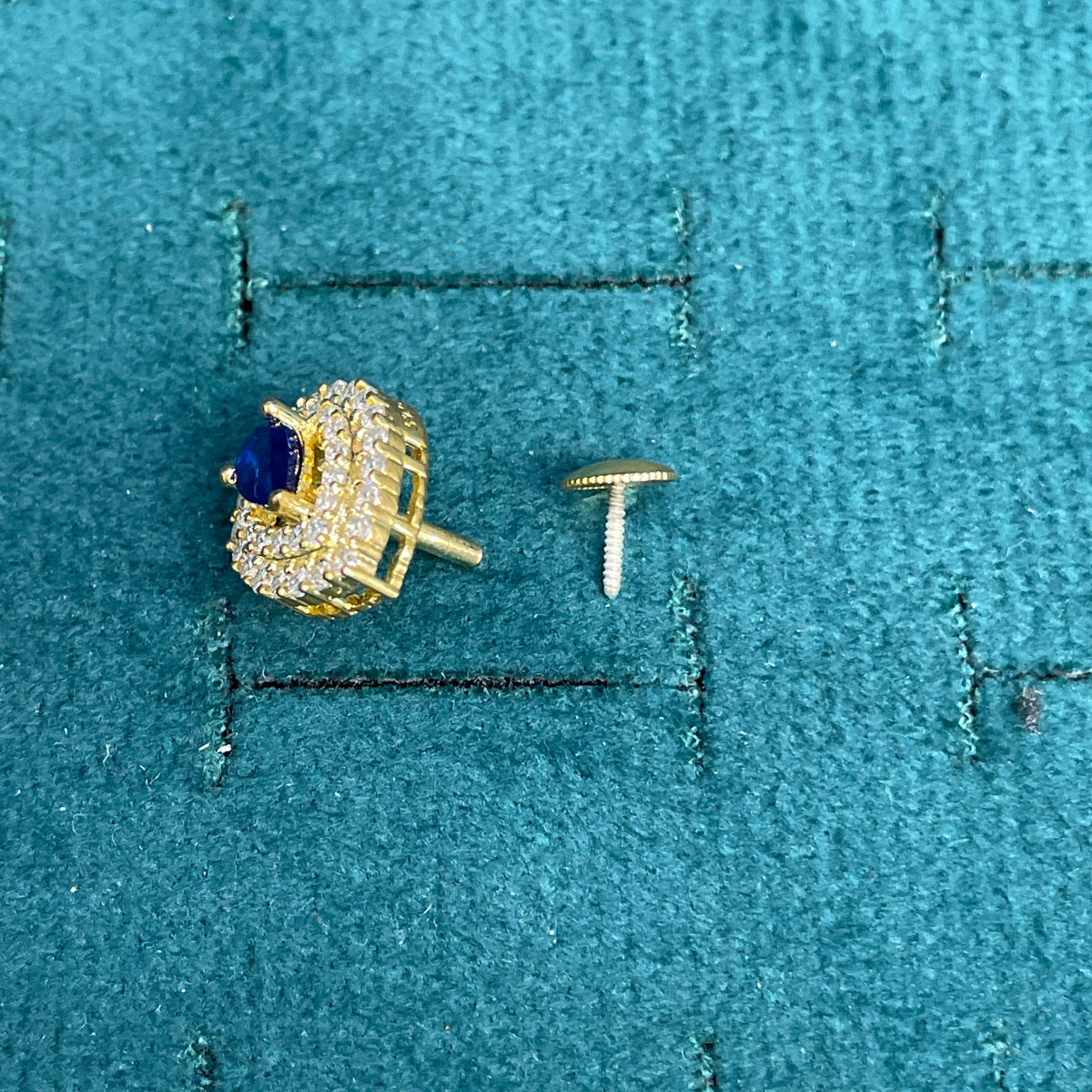 92.5 Sterling Silver Gold Plated Pear Cut Blue Sapphire CZ & Double Pave White CZ Halo Stud Earrings for Women