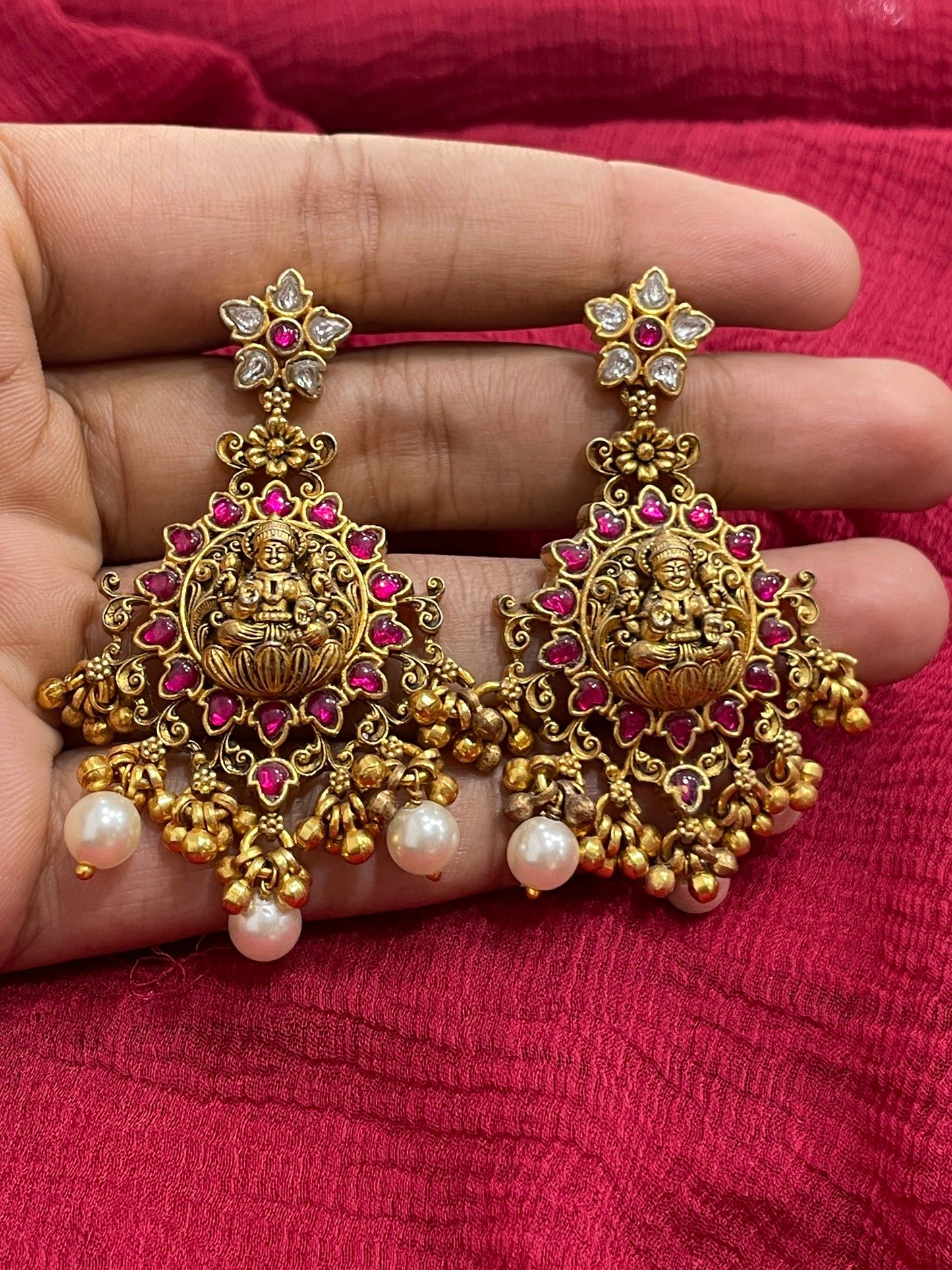 92.5 Silver Gold Plated Pink Stone Lakshmi Devi Earrings for Women | Temple Design | Traditional Jewellery