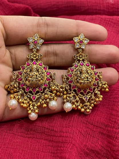 92.5 Silver Gold Plated Pink Stone Lakshmi Devi Earrings for Women | Temple Design | Traditional Jewellery